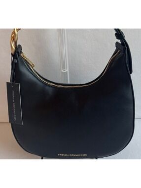 French Connection Black Hobo Shoulder Bag Gold-Tone Chain Accent NWT
